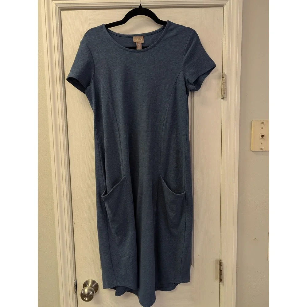 Chicos Slate Blue Slub Knit Short Sleeve Pocket Midi T-Shirt Dress Size 0 XS S